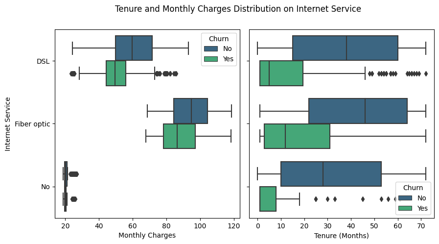 tenure and monthly charges distribution on internet service